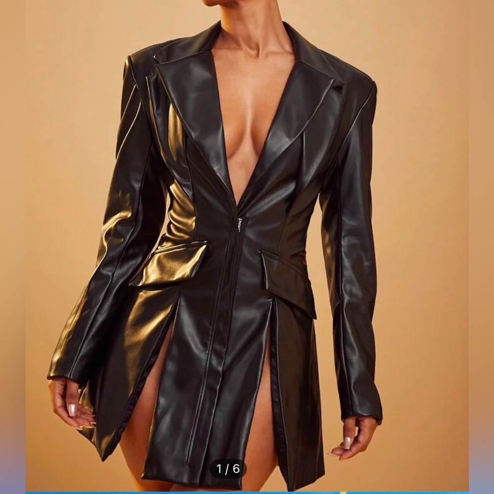 SHEIN Black Leather Jacket with Glossy Finish and Structured Shoulders